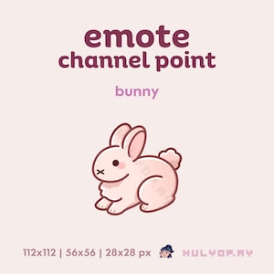 以下が含まれることがあります： 「emote channel point bunny」の文字が入った、ピンク色の漫画のウサギのイラスト。ウサギは小さな尻尾、口の十字、頬の赤らみがあります。画像は薄いピンク色の背景にあります。