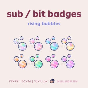 Könnte beinhalten: Eine Sammlung von acht farbenfrohen Blasendesigns mit einem Gradienteneffekt in Rosa-, Blau-, Gelb- und Orangetönen. Der Text "sub / bit badges" und "rising bubbles" ist oben zu sehen. Das Bild enthält auch Größenangaben.