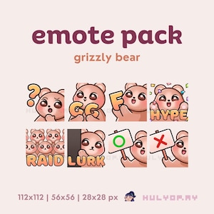 May include: A set of nine animated grizzly bear emoticons. The emoticons are in various poses and expressions, including a bear with a question mark, a bear holding a 'GG' sign, a bear holding a 'F' sign, a bear holding a 'Hype' sign, a bear holding a green circle, a bear holding a red 'X' sign, and a group of bears with the word 'Raid' below them. The emoticons are in a cartoon style and have a pink and brown color scheme.