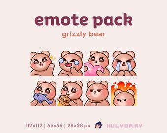 8 emoticones de Twitch / Oso pardo adorable / Puntos de canal / Paquete de emojis / Cachorro pardo / Corazón / Salmón / Miel / Discord / YouTube / Jugador / Conjunto 1