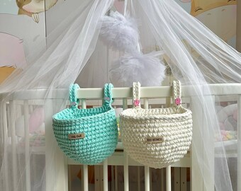 Crib bedding baskets, hanging baskets, nursery decor