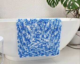 Handmade Blue White Tufted Bath MatSoft Cozy Rug