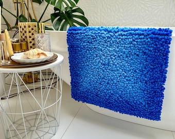 Blue Plush Bath Mat, Soft, Washable Bathroom Rug