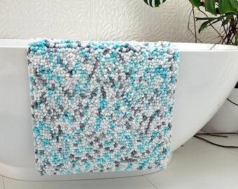 Handmade Blue and Gray Bath Mat | Soft Tufted Bathroom Rug | Washable Accent Rug
