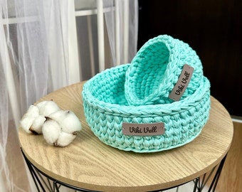 Home decor crochet round turquoise baskets