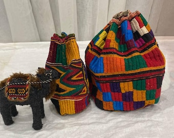 Banjara Embroidered Drawstring Pouches: Set of 2, Handmade Tribal Bags