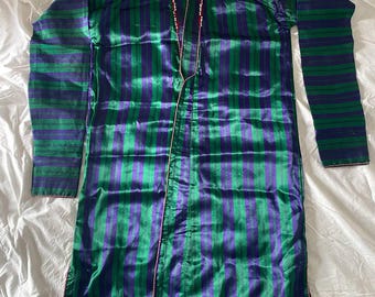 Vintage Afghan Tajik Uzbek Chapan - Green and Purple Striped Tribal Coat with Patterned Lining