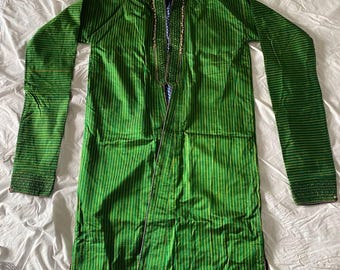 Vintage Afghan Tajik Uzbek Chapan – Green Striped Robe with Embroidered Details and Cotton Lining