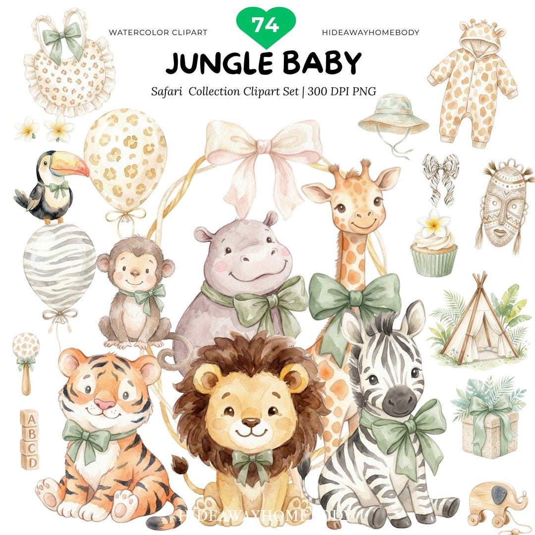 Jungle Baby Watercolor Clipart, Boho Safari Animals Nursery Decor PNG ...