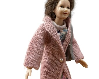 Hand-knitted clothing set for Heidi Ott, (XKF09), size 5,5 in, scale 1:12. Women's cardigan with dress.