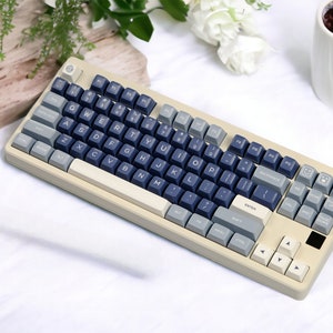 Pode incluir: Um teclado mecânico de cor creme com teclas azuis e cinzas. O teclado tem um layout padrão com teclas de função, teclas de seta e um teclado numérico. O teclado está sobre uma superfície branca.