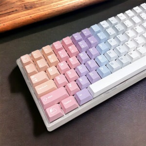 May include: A white mechanical keyboard with pastel pink, purple, and blue keycaps. The keys are labeled with the standard QWERTY layout and include function keys, arrow keys, and a number pad.