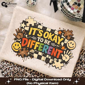 Autismus Bewusstsein PNG, Es ist in Ordnung, anders zu sein Shirt Design, Retro Puzzle Piece Sublimationsdatei, Neurovielfalt Digital Download