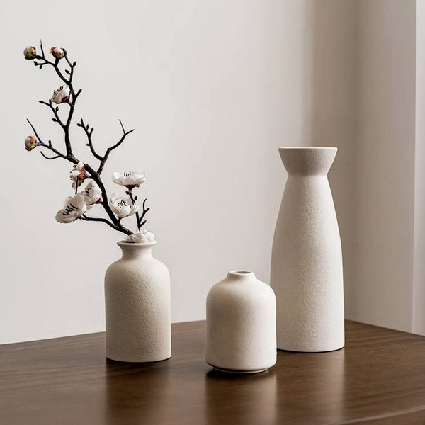 Set of Three: Minimalist Scandinavian Ceramic Vases in Elegant Matte White