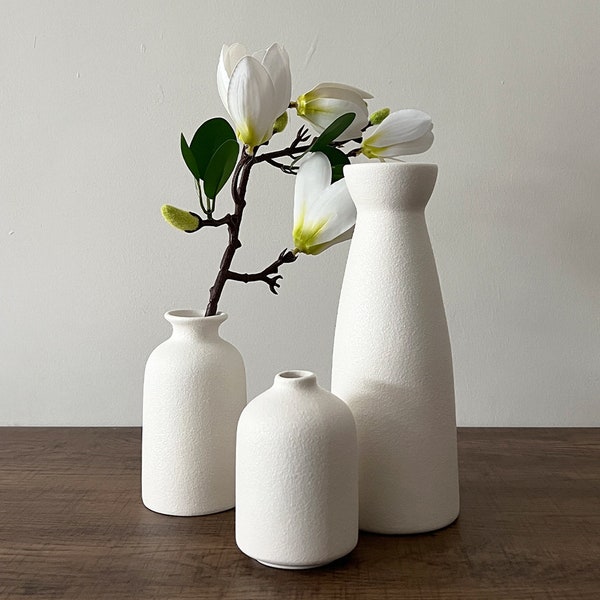 Set of Three: Minimalist Scandinavian Ceramic Vases in Elegant Matte White