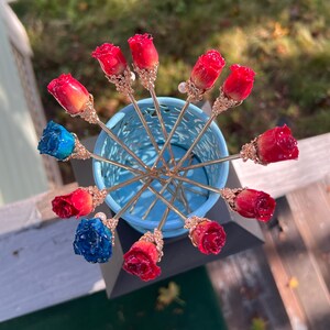 Real rose hairpin, handmade red rose with leaves dangling hair stick image 17