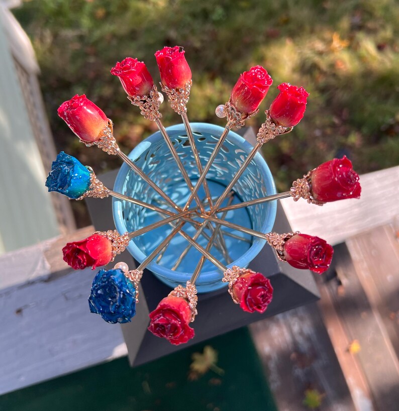 Real rose hairpin, handmade red rose with leaves dangling hair stick image 17