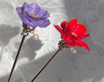 Handmade real flower hairpin, red / purple /pink/teal floral hairstick, original design