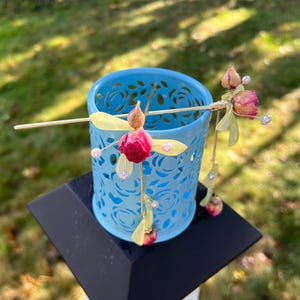Real rose hairpin, handmade red rose with leaves dangling hair stick image 18