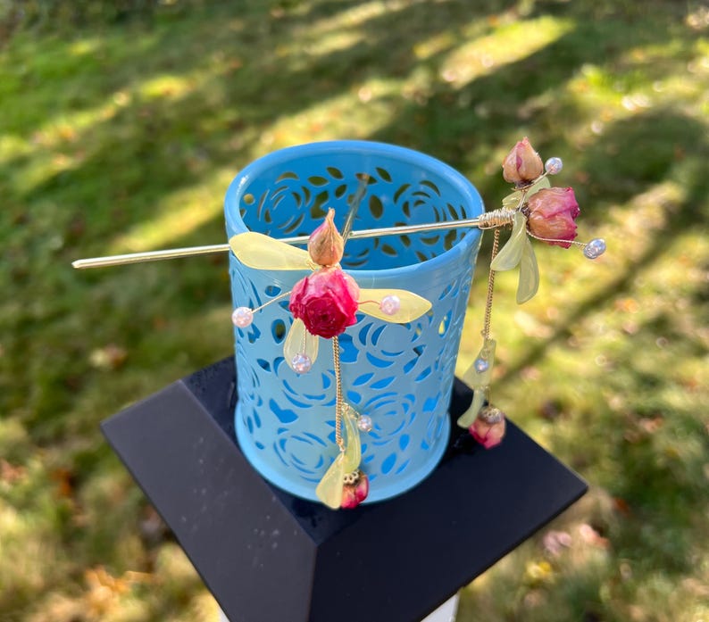 Real rose hairpin, handmade red rose with leaves dangling hair stick image 18