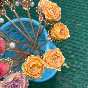 Real rose hairpin, handmade red rose with leaves dangling hair stick Yellow