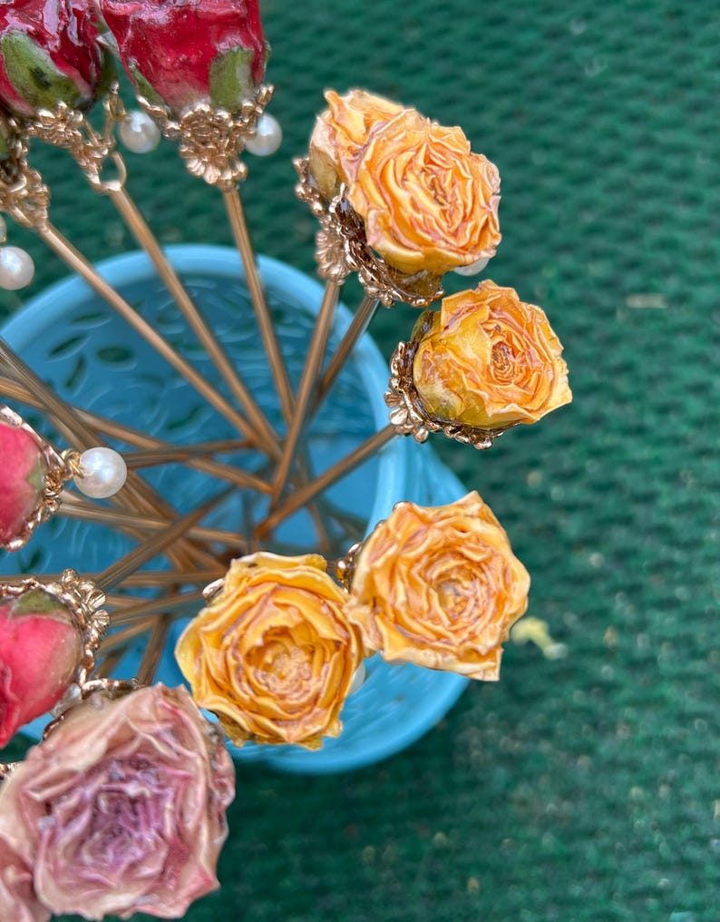 Real rose hairpin, handmade red rose with leaves dangling hair stick Yellow