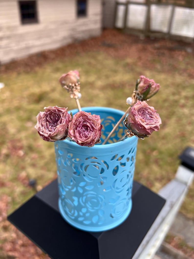 Real rose hairpin, handmade red rose with leaves dangling hair stick image 10