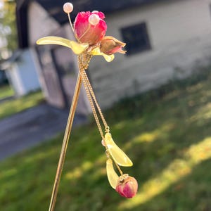 Real rose hairpin, handmade red rose with leaves dangling hair stick dangle pink red