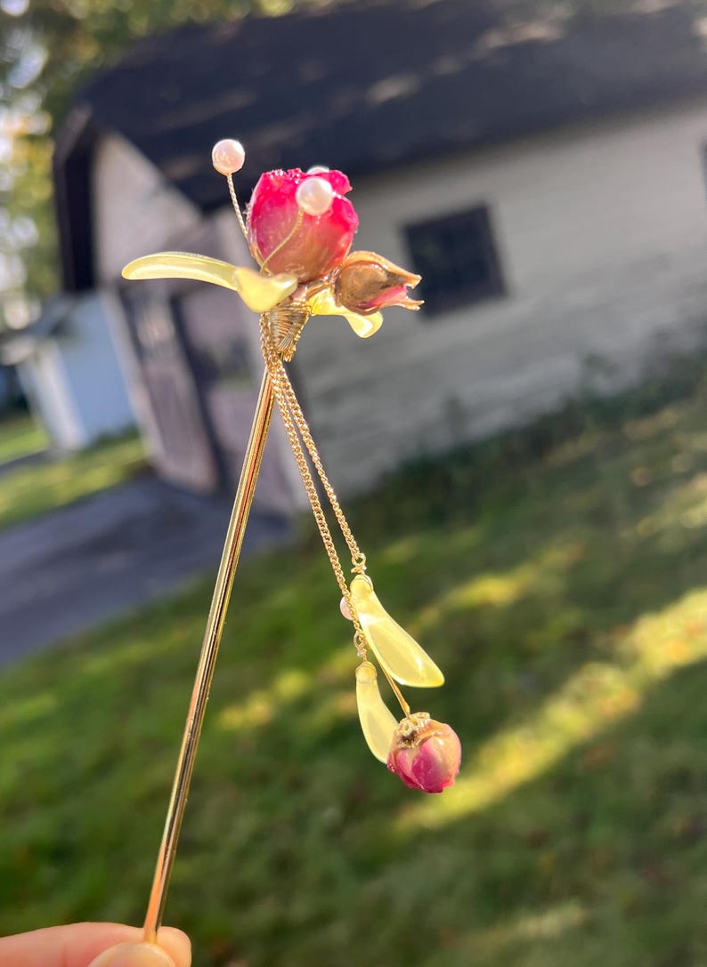 Real rose hairpin, handmade red rose with leaves dangling hair stick dangle pink red
