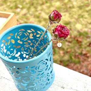 Real rose hairpin, handmade red rose with leaves dangling hair stick red with leaves