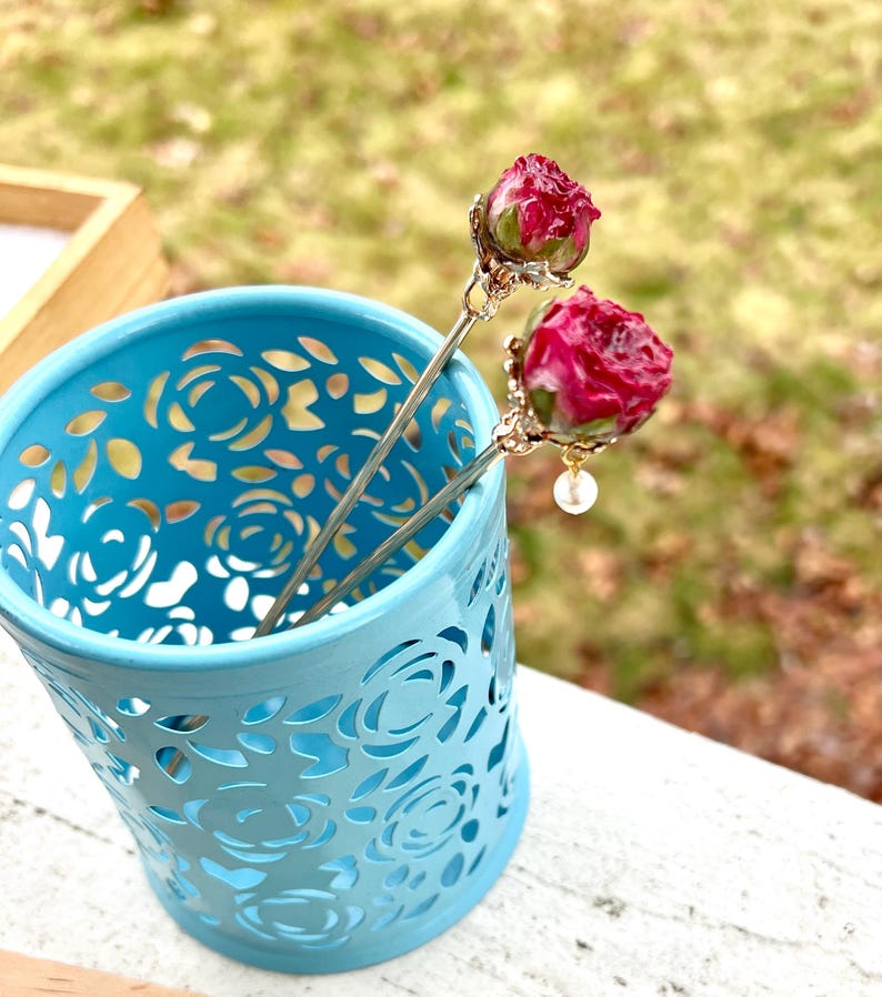 Real rose hairpin, handmade red rose with leaves dangling hair stick red with leaves