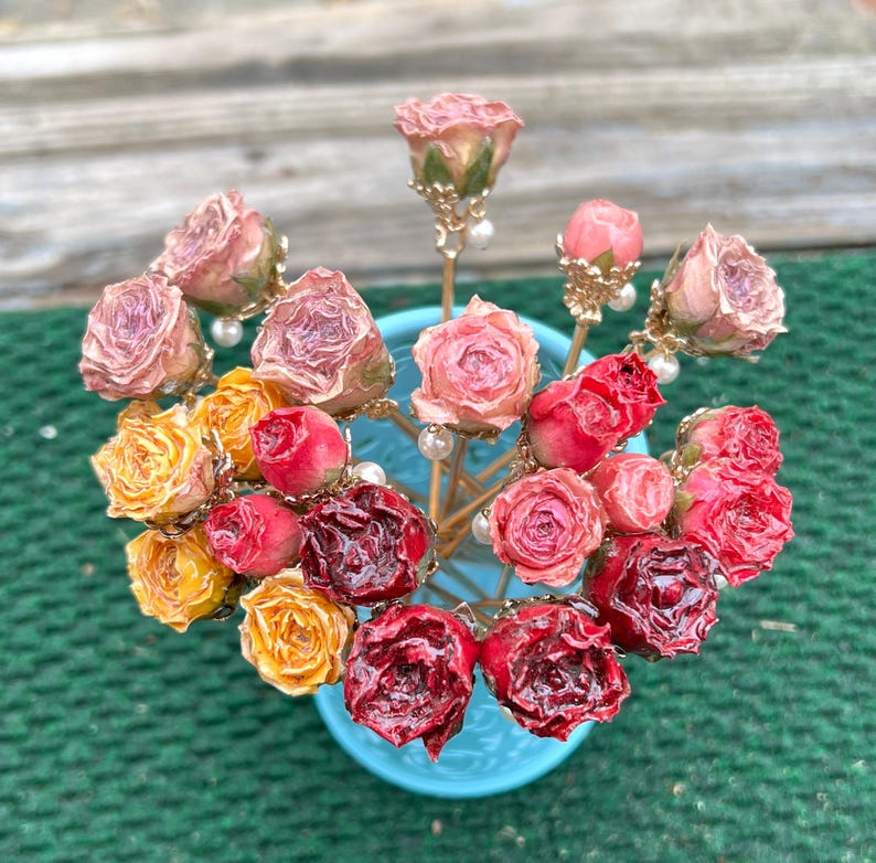 Real rose hairpin, handmade red rose with leaves dangling hair stick image 3