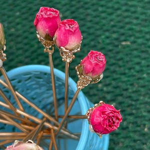 Real rose hairpin, handmade red rose with leaves dangling hair stick small buds
