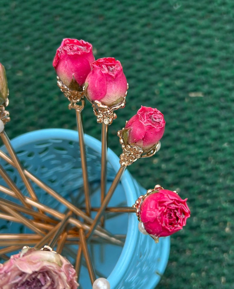 Real rose hairpin, handmade red rose with leaves dangling hair stick small buds