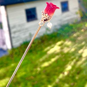 Real rose hairpin, handmade red rose with leaves dangling hair stick Red