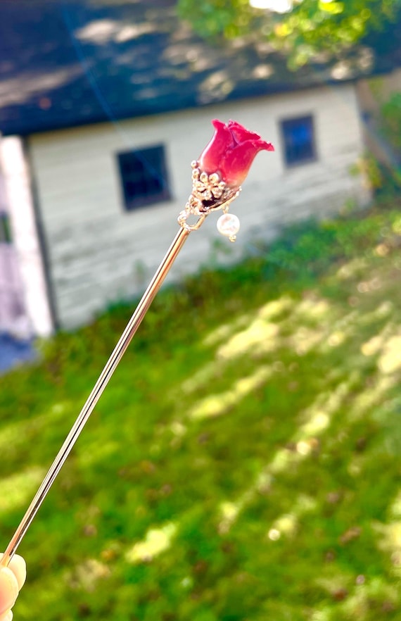Real rose hairpin,  handmade red rose with leaves dangling hair stick
