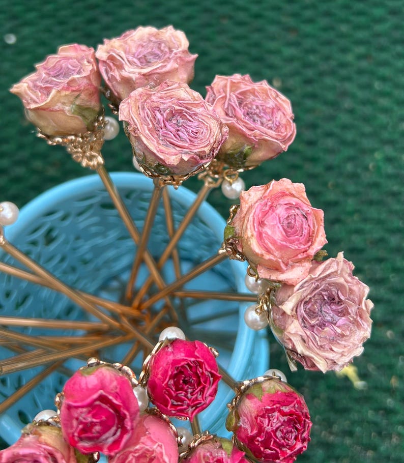 Real rose hairpin, handmade red rose with leaves dangling hair stick light purple
