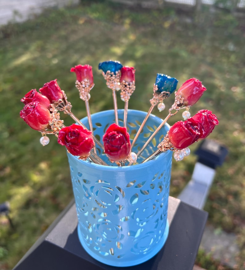 Real rose hairpin, handmade red rose with leaves dangling hair stick image 16