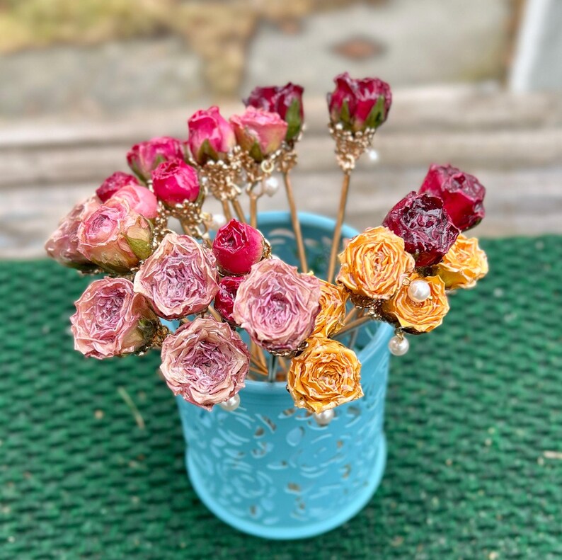 Real rose hairpin, handmade red rose with leaves dangling hair stick image 12