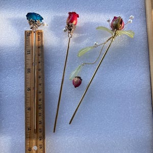 Real rose hairpin, handmade red rose with leaves dangling hair stick image 20