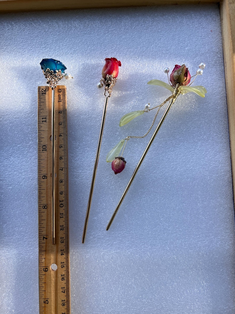 Real rose hairpin, handmade red rose with leaves dangling hair stick image 20