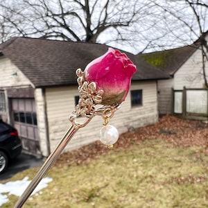 Real rose hairpin, handmade red rose with leaves dangling hair stick image 13