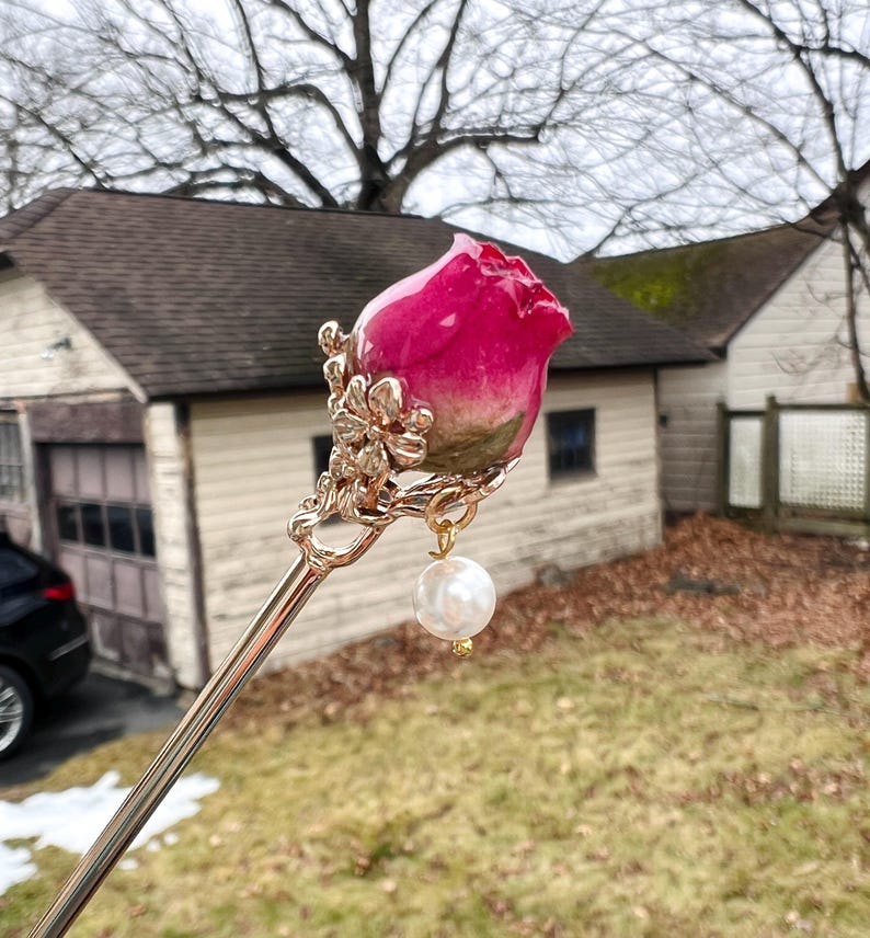Real rose hairpin, handmade red rose with leaves dangling hair stick image 13