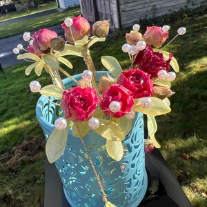 Real rose hairpin, handmade red rose with leaves dangling hair stick image 4