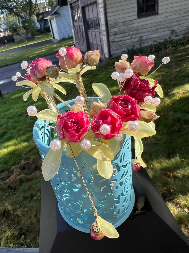 Real rose hairpin, handmade red rose with leaves dangling hair stick image 4