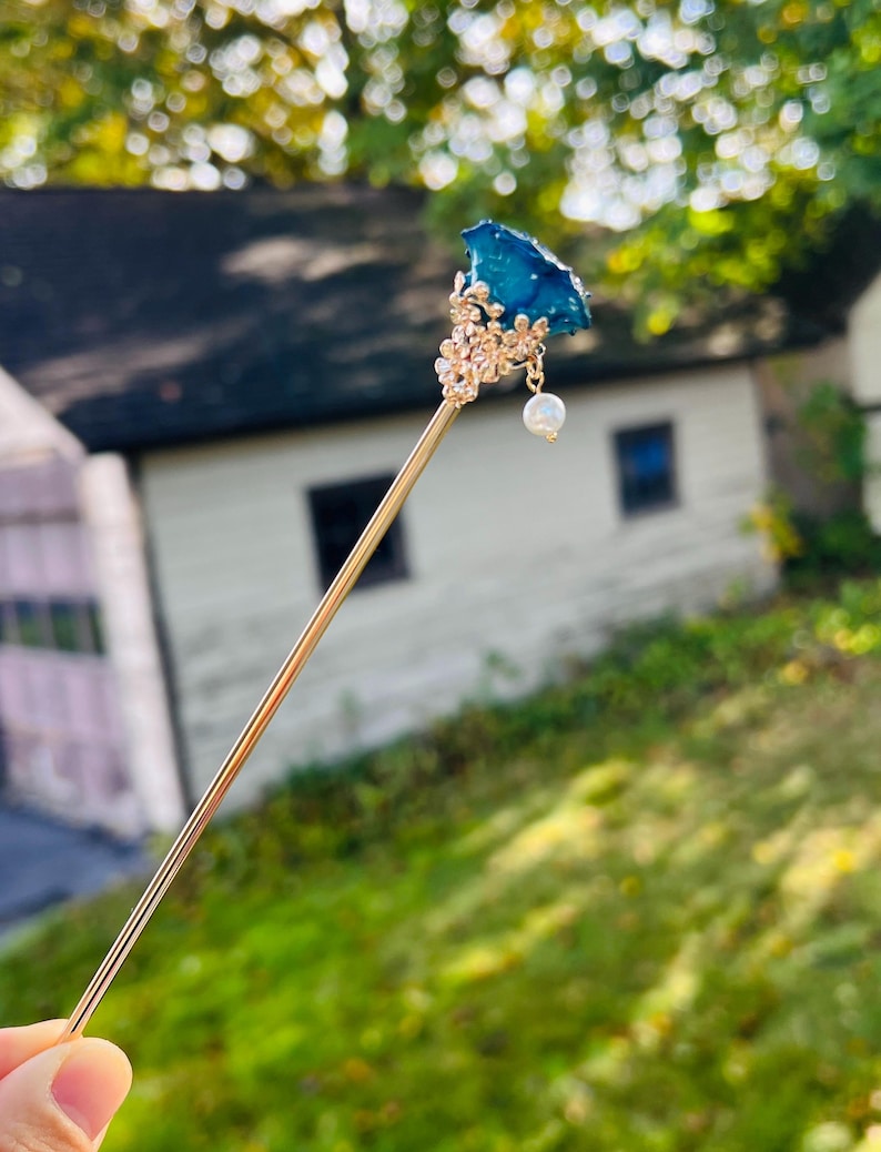 Real rose hairpin, handmade red rose with leaves dangling hair stick image 19