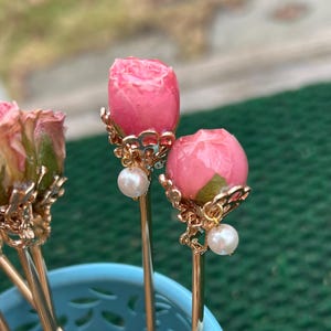 Real rose hairpin, handmade red rose with leaves dangling hair stick Pink