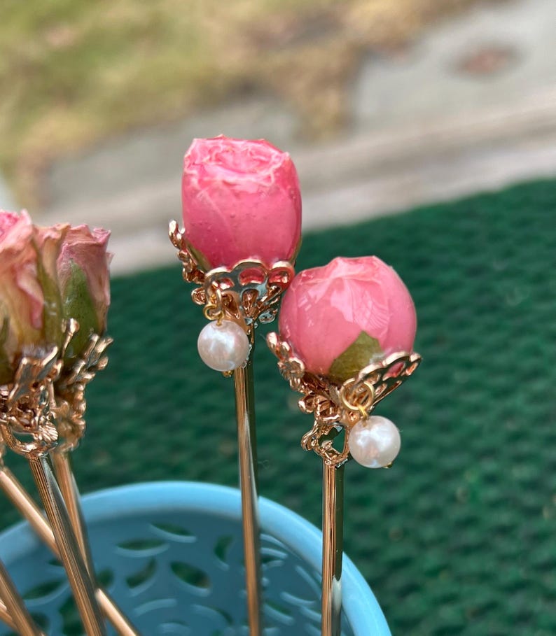 Real rose hairpin, handmade red rose with leaves dangling hair stick Pink