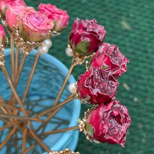 Real rose hairpin, handmade red rose with leaves dangling hair stick dark