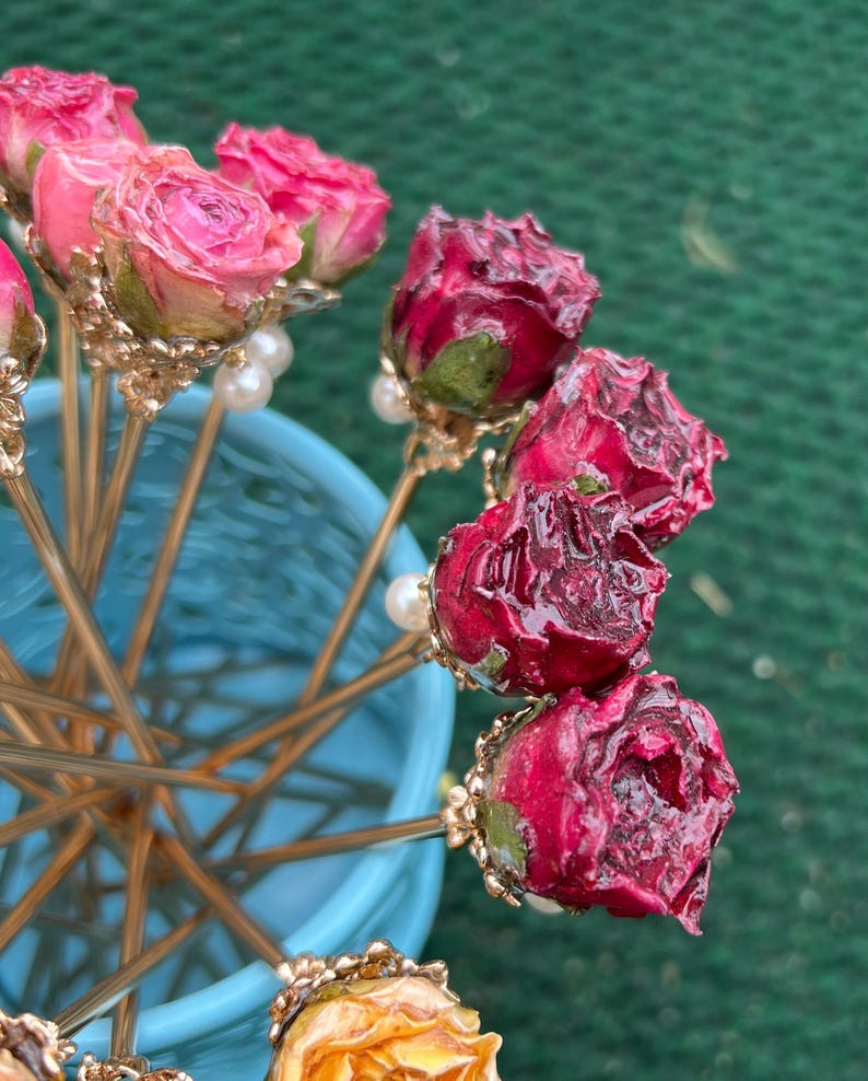Real rose hairpin, handmade red rose with leaves dangling hair stick dark